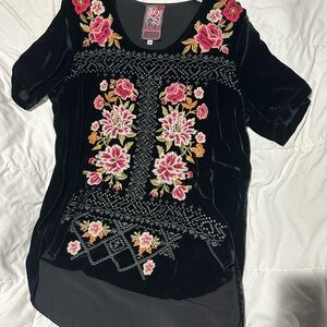 Johnny Was Black Velvet Blouse with Pink Floral Embroidery